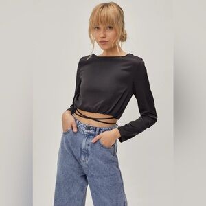 Nasty Gal Black Long Sleeve Tie Front Crop Top